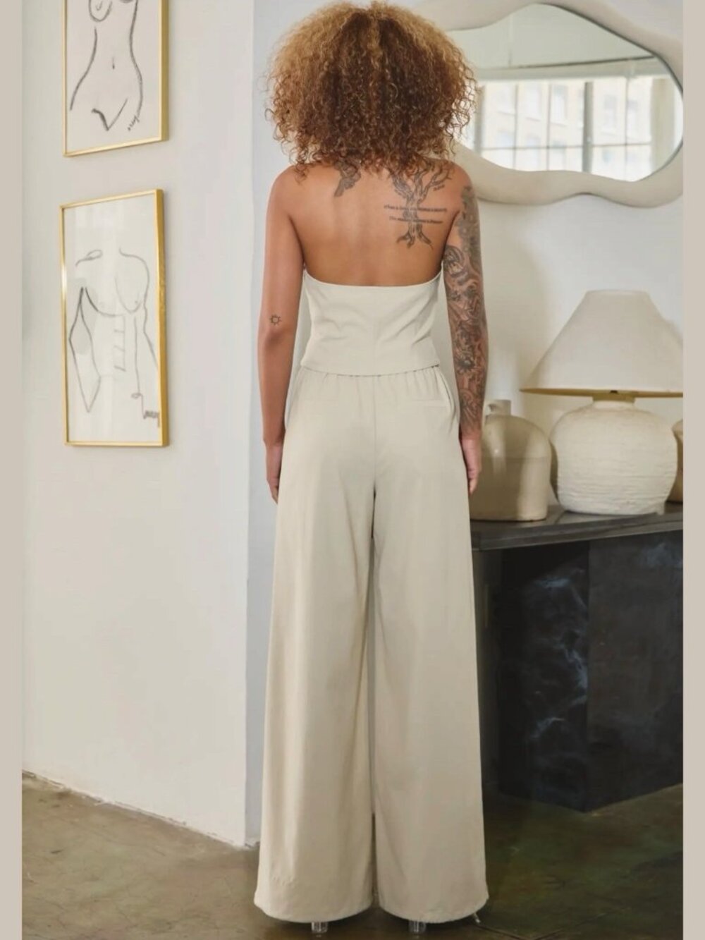 Matching Outfit Set Halter Vest Top Wide-Leg Dress Pants SZ S M L Stretchy Cream - Picture 12 of 13